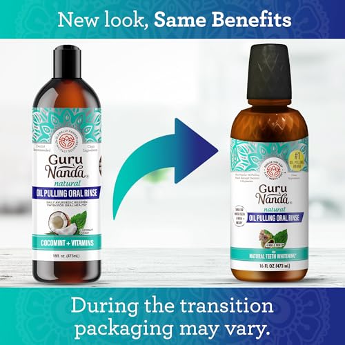 GuruNanda Farmed Mint Oil Pulling Mouthwash for Complete Oral Hygiene, 7 Essential Oils & Vitamins for Happy Teeth & Gums & Fresh Breath, Alcohol-Free, 16 oz