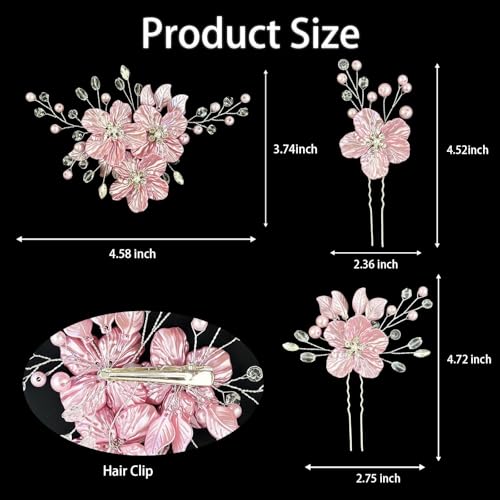 Pink 5 Pack Large Flower Bridal Hair Pins with Crystal Pearls – Wedding Clips Set