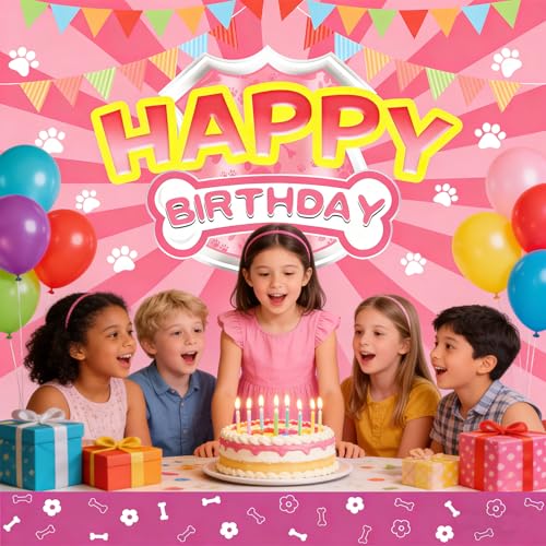Happy Birthday Banner with Pink Paw Prints - 59x43 Inches