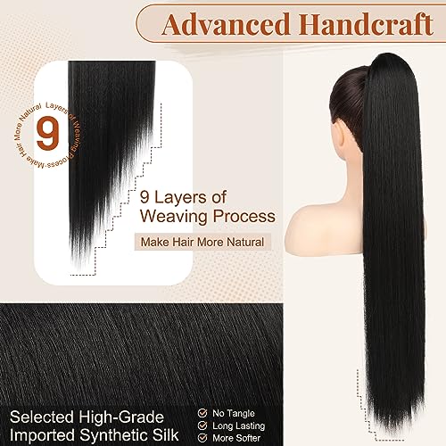 Flufymooz 30 Inch Natural Black Synthetic Ponytail Extension - Easy Clip-In Hairpiece for Women