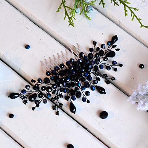 Kercisbeauty Black Crystal Hair Comb, Handmade Bridal Wedding Headpiece
