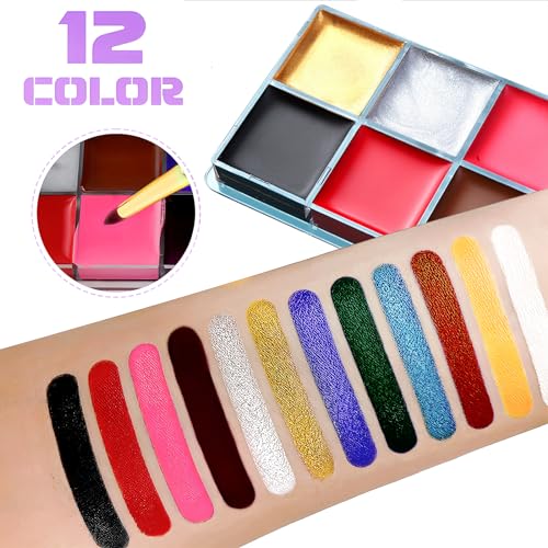 VOLLUCK Face Paint Kit with 12 Colors & 10 Brushes - Safe Body & Face Makeup for Halloween & Parties