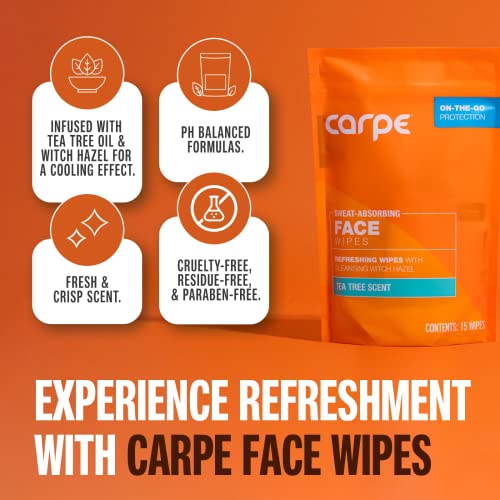 Carpe Sweat Absorbing Face Wipes with Witch Hazel & Tea Tree - 15 Count
