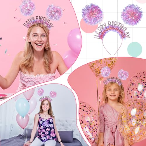 Adjustable Pink Birthday Crown Headband with Pom Poms