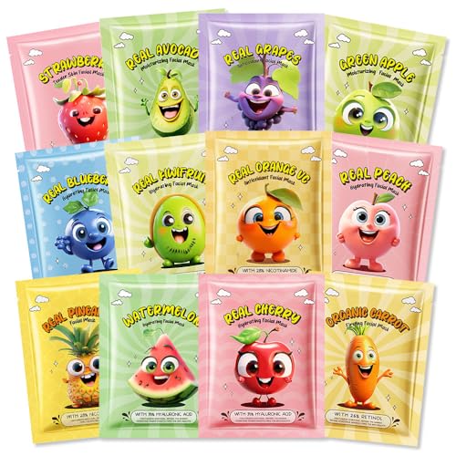 Kaely 12-Pack Fruit Face Masks for Kids & Teens - Variety Set, Spa Day & Party Favors