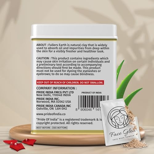 Pride Of India Fuller's Earth Powder with Rose & Aloe Vera - 12 Sachets, Reusable Applicator & Tray, Natural Face Mask for Radiant Skin