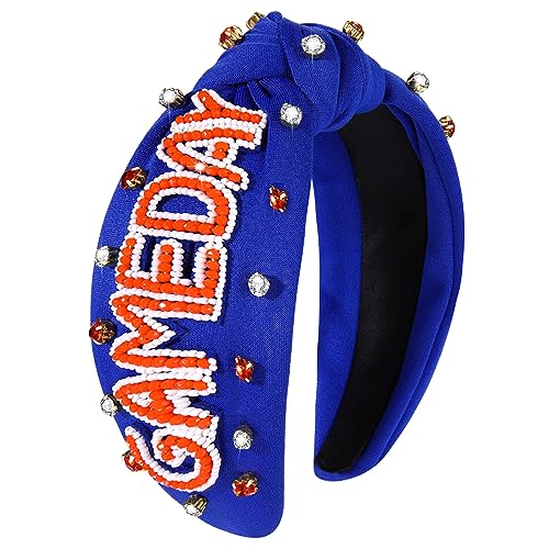YAHPERN Blue Game Day Headband for Women - Crystal Pearl Knotted Sports Hair Accessory