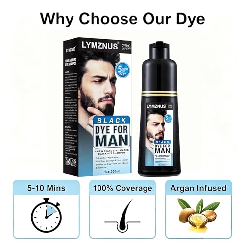 Lymznus Black Beard and Hair Dye Shampoo, 5-Minute Gray Coverage 200ml