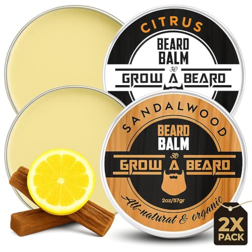 GROW ALPHA BEARD Balm for Men - Sandalwood & Citrus Scent, 2oz, 2 Pack with Jojoba & Shea Butter