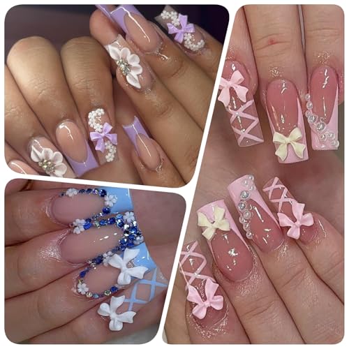 800 Pcs Bow Nail Charms Set - 4 Styles, 24 Colors with Tweezers
