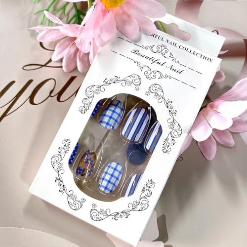 LOPMNGHT Blue White Checkered Short Oval Fake Nails 24Pcs Reusable Glossy Stick-On Manicure