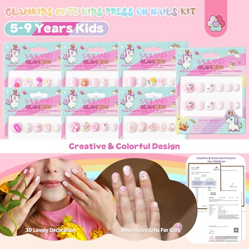 SAVILAND Kids Press-On Nails - 84 Pcs Cute 3D Fake Nails for Girls (5-9)