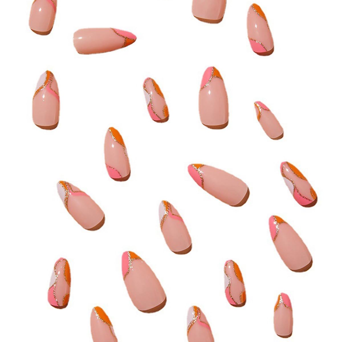 Press On Nails - Orange Almond Shape with Gold Glitter Swirl | 24 Pcs Acrylic Fake Nails for Women