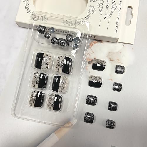Tyuimhx Black Flowers Square Toenails - 24pc Reusable Glitter Nail Set (Variation: Black Flowers)