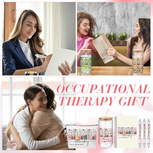Flower Occupational Therapy Gift Set for Therapists - 6 Pcs with Makeup Bag, Glass Cup, Notebook & Pens