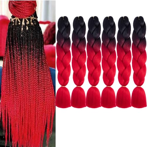 24 Inch Ombre Braiding Hair Extensions Black to Red - 6 Packs