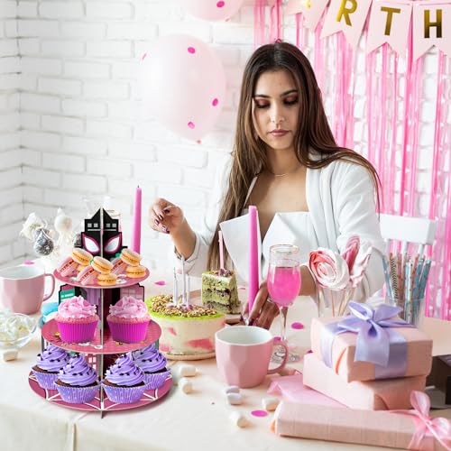 Pink Spider Cupcake Stand - 3 Tier Cardboard Dessert Holder for Parties