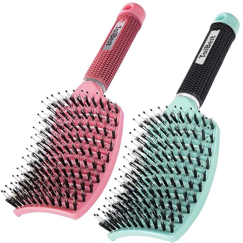 Boar Bristle Hair Brush Set for Fine, Thick, Curly Hair - Curved & Vented Detangler for Men, Women, Kids
