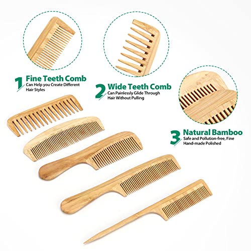 Natural Handmade Bamboo Hair Comb Set - Wide Tooth, Fine Tooth, Rat Tail for All Hair Types - SouxMux