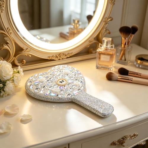 Frinnovan Large White Rhinestone Heart Handheld Mirror with Handle - Glamour Cosmetic Mirror (Large-White)