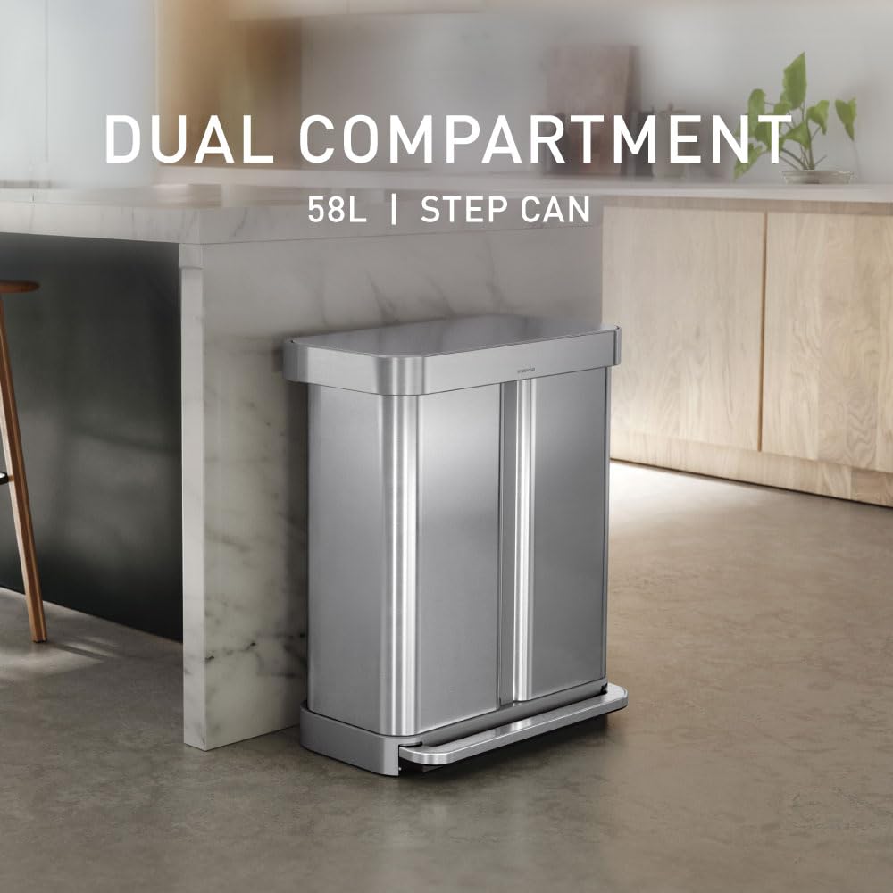 simplehuman Step Recycler, 58L / 15.3 Gallon Dual Compartment Kitchen Trash Can, 150,000-Step Steel Pedal, Lid Shox® Silent Close, Liner Rim System, Liner Pocket®, Brushed Stainless Steel