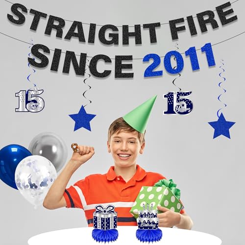 15th Birthday Decoration Set - 11 Pcs Blue & Black Balloons, Banners, and Honeycomb