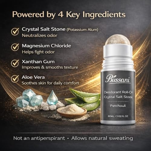 Bussani Men's Natural Roll-On Deodorant - 24H Odor Protection, Patchouli Scent, Aluminum-Free, 2.02 oz