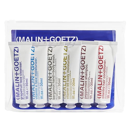 MALIN+GOETZ Best-Sellers Travel Kit | Six Everyday Essentials for Face, Body + Hair | Grapefruit Face Cleanser, Vitamin E Face Moisturizer, Peppermint Shampoo + More | Vegan, Travel-Friendly(6 x 1 oz)
