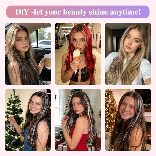 Leuceiy 12 Color 48" Hair Tinsel Kit - 3600 Strands for Sparkling Hair
