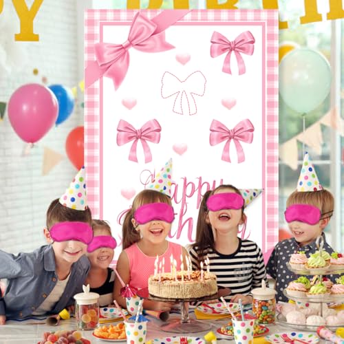 Pin The Bow Party Game Set - Pink Poster & Stickers for Kids