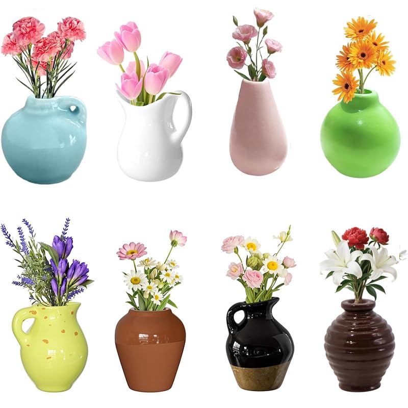 Mini Magnetic Ceramic Vase Set - 8 Decorative Refrigerator Magnets