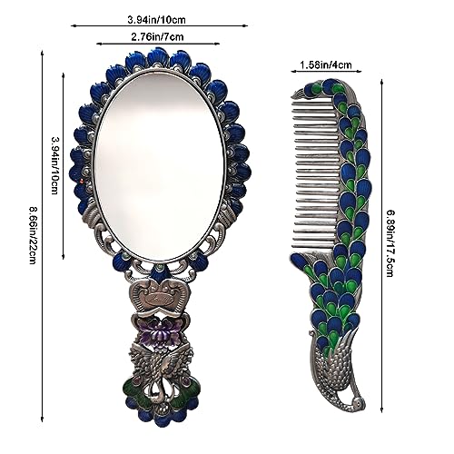 Rayberro Blue Peacock Vintage Handheld Mirror & Comb Set