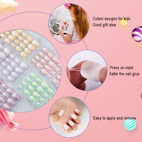 TACITSU 120 Pcs Kids Press-On Nails Set Gradient Glitter - Short Oval Shape