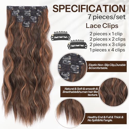 KooKaStyle 7-Piece Clip-in Wavy Hair Extensions, 20-Inch Auburn Mix