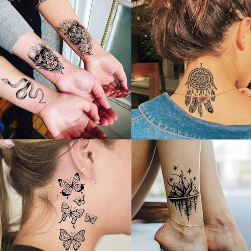 SELIDODO Black Flower 75 Sheets Realistic 3D Temporary Tattoos for Women & Girls - Guadalupe Virgin Mary Lotus Snake Peony Floral Designs