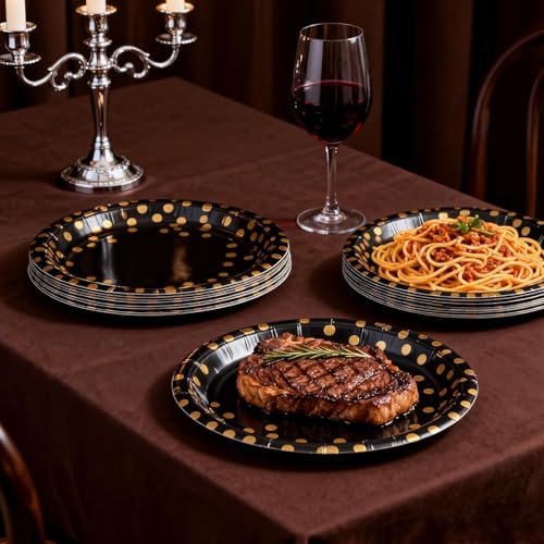Black Paper Plates 9 Inch - 40 Count with Gold Foil Polka Dots