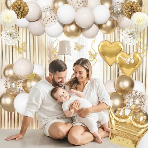 Gold and White Birthday Party Decorations Set | 105 pcs Foil Balloons, Banner, Paper Pompoms & More
