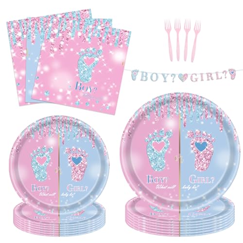 97 Pcs Gender Reveal Party Supplies Set for 24 Guests - Plates, Napkins, Forks & Banner