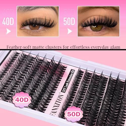 FANXITON DIY Individual Eyelash Extension Kit, Thick Volume Lash Clusters 40D+50D D Curvature, 280 Pieces Thin Band Cluster Lashes with Bond and Seal Tweezers