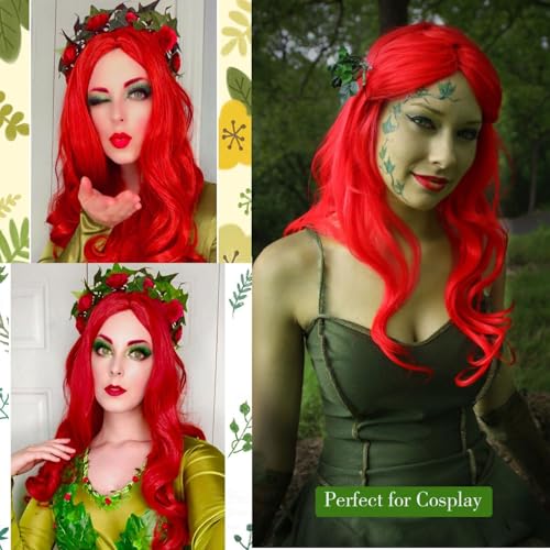 Bright Red Long Wavy Wig for Women - Heat Resistant Synthetic Hair