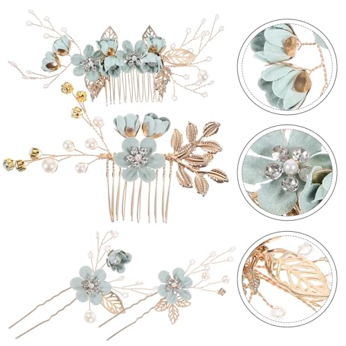 4-Piece Sage Green Bridal Hair Comb and Pin Set with Pearl Floral Accents
