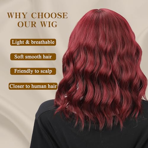 14 Inch Wine Red Short Wavy Wig with Bangs for Women - Synthetic Bob