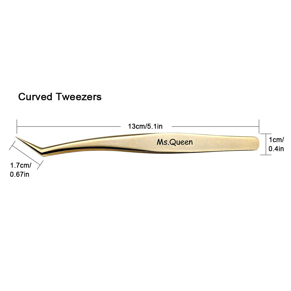 Tweezers for Volume Eyelash Extension - Precision Stainless Steel Curved Pointed Tweezers - Individual and 3D-6D Volume False Lashes Extensions Tweezers with Premium Storage Case- Golden - Ms.Queen