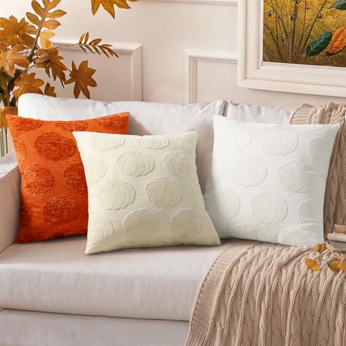 Chenille Pumpkin Throw Pillow Covers 18x18 - Set of 2 for Fall Decor