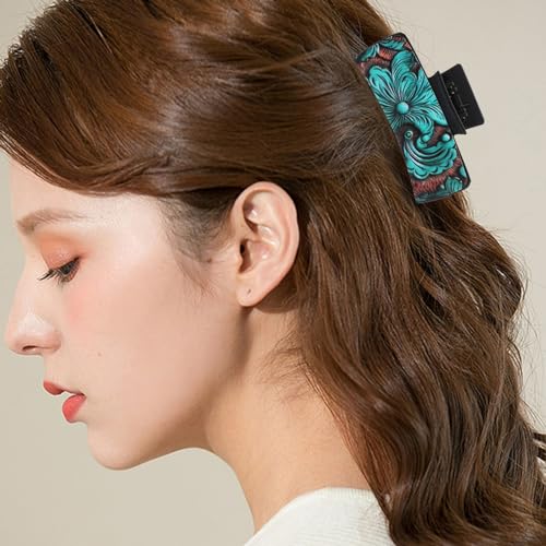 Vintage Turquoise Hair Claw Clip for Women - PU Leather, 4.13in