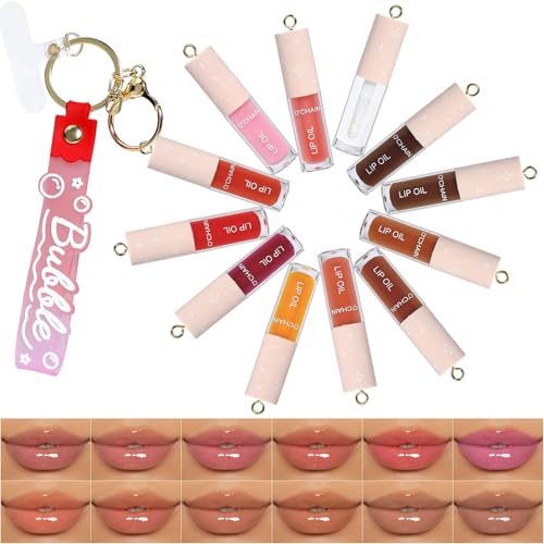 O'CHAIN 12-Color Moisturizing Lip Oil Set with Portable Keychain Pendant