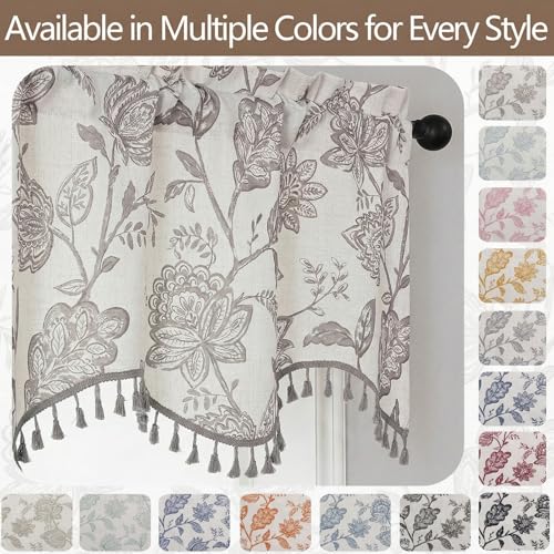Farmhouse Scalloped Valance - Floral Faux Linen Window Curtain 52x18