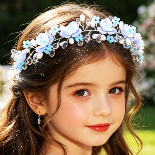 Campsis Blue Crystal Flower Headband for Girls, Wedding & Party Hairpiece