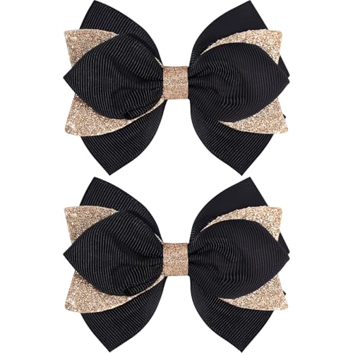 Black Glitter Hair Bow Clips for Girls Kids - 2 Pack 4 Inch Sparkly Hair Accessories