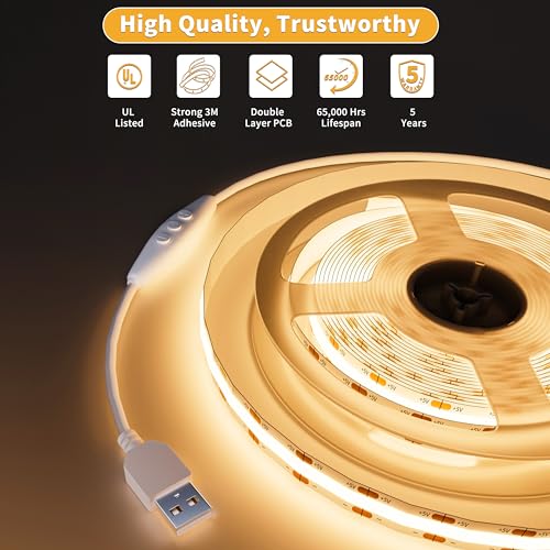 PAUTIX 5V USB LED Strip Lights - Dimmable Warm White 6.56ft Backlight